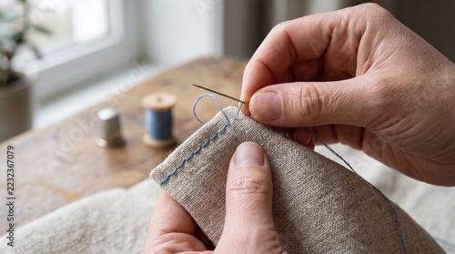 Close-Up of Hands Sewing Beige Fabric with a Needle and Blue Thread