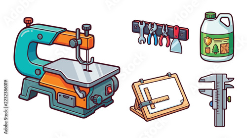 Hand Tools and Workshop Equipment Set Including Sewing Machine and Measuring Tools