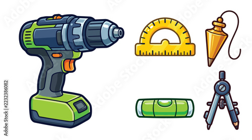 Hand Tools Set Including Drill Hammer Level Pencil and Compass Vector Illustration
