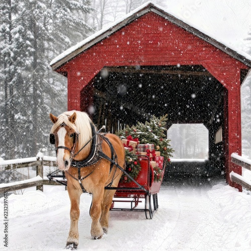 A horse pulls a red vintage sleigh filled with holiday gifts and a pine tree through snow near a covered bridge, with snowflakes gently falling, creating a serene winter scene
