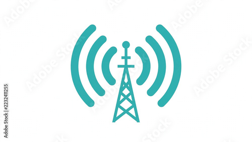 Teal Radio Antenna Tower with Wireless Signal Waves Flat Vector Icon Isolated on White Background, Broadcast Station Symbol for WiFi Internet, 5G Network and Communication