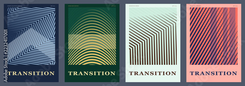 Abstract transition art posters set. Four modern minimalist graphic prints featuring geometric line patterns and typography. Creative decorative wall art for contemporary interior design