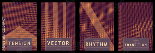 Abstract art posters set featuring tension and rhythm patterns. Orange and purple geometric shapes. Modern graphic design prints for interior decor and creative projects