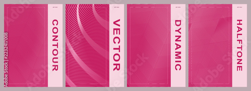 Abstract halftone and contour line pattern set. Featuring four distinct geometric panels with pink textures and bold typographic labels. Modern graphic design asset for creative projects