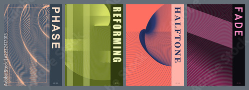 Abstract posters featuring geometric patterns and typography. Four colorful panels with wave designs and halftone elements. Modern artistic composition for creative projects and branding