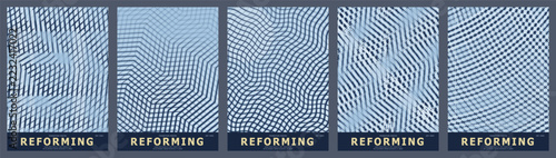Abstract blue hatching patterns and geometric line art on five rectangular posters with dark borders. Featuring the text REFORMING at the bottom of each panel. Modern minimalist graphic design set