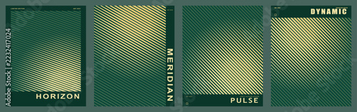 Retro futuristic poster collection featuring green halftones and diagonal lines. Horizon meridian pulse and dynamic typography. Modern editorial layout with dark green and yellow color scheme