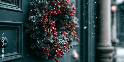 Red berries and pinecones fill a traditional wreath on a dark green front door. Light snow completes a classic welcoming Christmas entrance.
