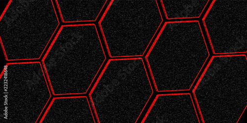 Abstract Dark Hexagon Honeycomb Vector Background with Glowing Red Neon Outline Grid Lines Noise Texture and Futuristic Cybertech Pattern for Modern Gaming Banner