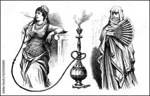 Woman, Mohammedan from Tbilisi, at home with water pipe, and in street costume, Georgia, woman in the 19th century, digitally restored reproduction of a 19th century original, original date unknown