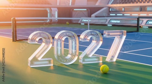 Transparent glass numbers 2027 stand on a modern tennis court surface