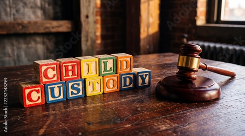 Wooden blocks spelling child custody next to a judge gavel