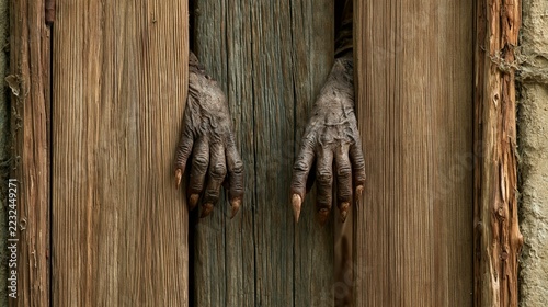 Halloween Holiday Theme. a weathered wooden door with a pair of humanlike hands peeking out from behind it. The hands have a rough, textured surface with visible veins and nails. The wood has a rich.