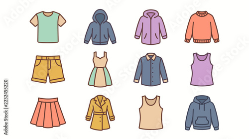 Clothing vector icons and apparel symbols showcasing casual wear items, seasonal garments and fashion outfit collection, concept for retail shopping catalog and online store UI