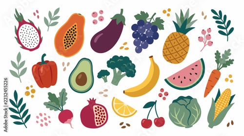 Flat colorful fruit and vegetable vector illustrations featuring organic produce, fresh natural ingredients and balanced diet, concept for healthy lifestyle and vegetarian nutrition
