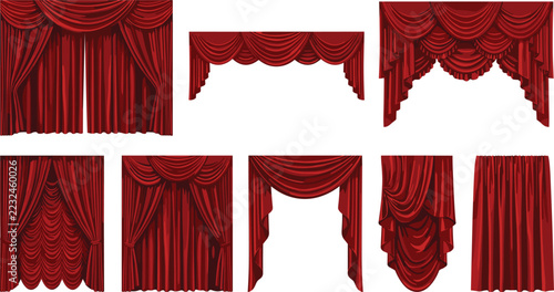 Red Curtains Set, Various Styles and Shapes, Decorative Window Treatments, Stage Design Elements