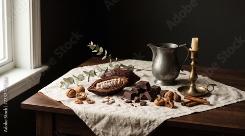 Still life of cocoa pods and dark chocolate on vintage wooden table