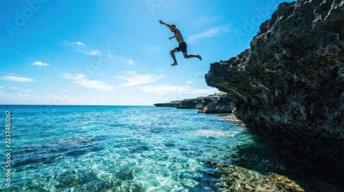 A man jumps from a rocky cliff into the ocean. He is mid-air, extending his arms, and appears to be enjoying the exhilarating moment.