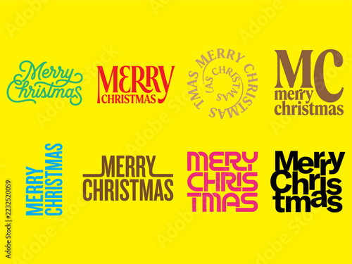 Christmas lettering collection featuring cyan, red, magenta, brown, and black festive wordmarks, monogram badge, and modern fonts on yellow   