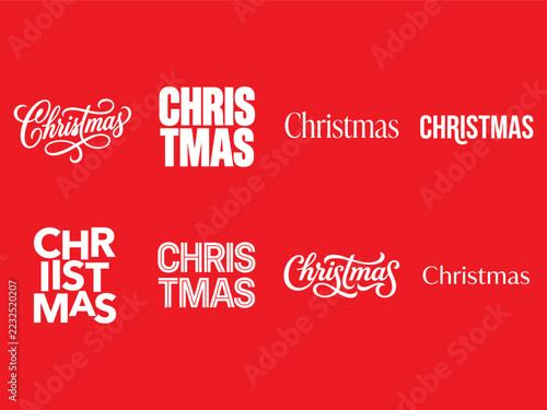 Minimalist Christmas typography vector set with white festive lettering, decorative cursive swashes, and modern block wordmarks isolated on bright red backdrop   