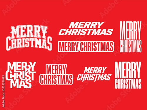 Merry Christmas white bold typography lettering vector set with athletic varsity fonts, condensed tall text, and badge wordmarks on red background   