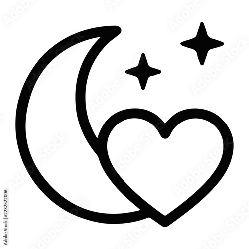 Minimalist black line art vector illustration of a crescent moon combined with a heart shape and twinkling stars, representing romantic night, sweet dreams, and celestial love on white background.