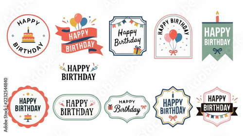 Happy Birthday Greeting Labels and Celebration Logo Vector Collection