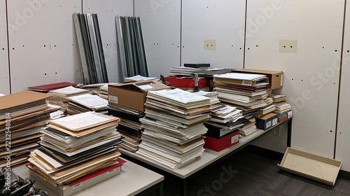 A cluttered table filled with stacks of files, folders, and boxes in an archive or storage room. Papers and documents are piled high.
