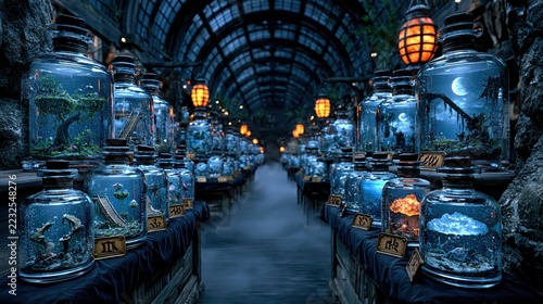 A dimly lit, long corridor lined with glass jars, each containing a miniature world. The jars glow with a mysterious light, illuminating fantastical scenes within.