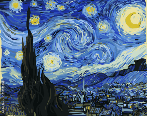 Obraz na plátně Abstract starry night sky with swirling clouds and cypress tree, post-impression