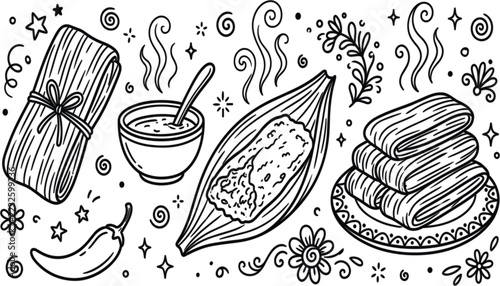 Traditional Mexican tamale food vector collection with steaming corn husk wraps spicy chili pepper and hot dipping sauce