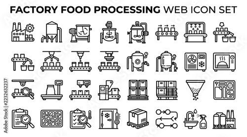 Food processing factory line icons set for industrial manufacturing