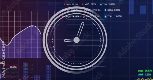 Displaying translucent analog clock centered on analytics dashboard, with red micrograph, charts