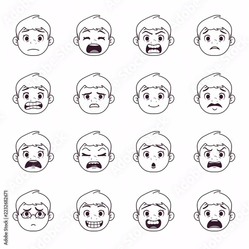 AI Generative. Cute Boy Facial Expressions Set Coloring Book Page Illustration. 1