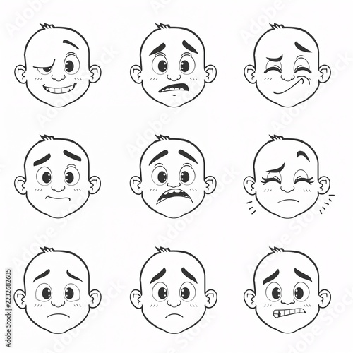 AI Generative. Cute Boy Facial Expressions Set Coloring Book Page Illustration. 3