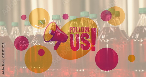 Bottles of soda with colorful overlay and Follow Us message in bold text