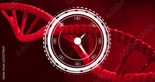 Clock image over red DNA strand background