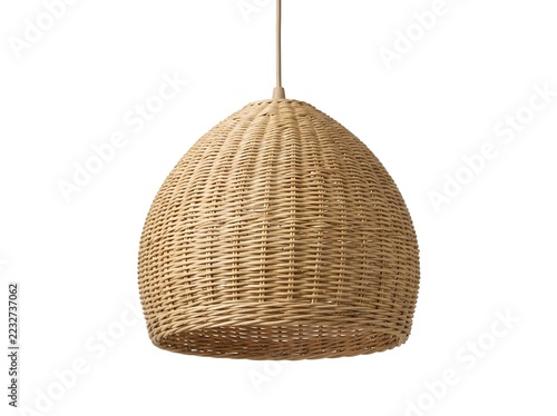 Modern Woven Rattan Pendant Lamp Hanging Isolated on White Background, Boho Style Natural Fiber Light