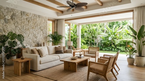 Modern Tropical Living Room Interior with Stone Wall, Rattan Furniture and Lush Garden View