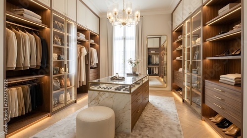 Luxurious Modern Walk-in Closet Interior Design with Elegant Wooden Cabinets and Marble Island