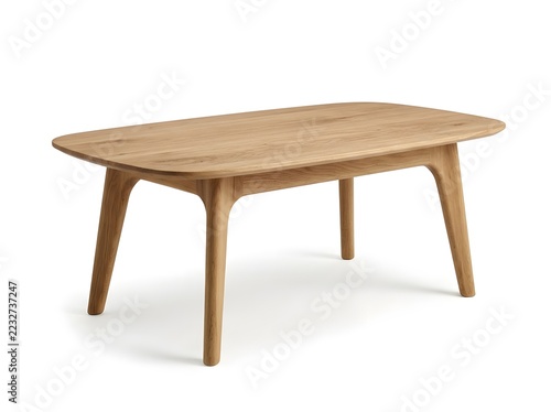 Scandinavian Style Solid Oak Wood Coffee Table with Tapered Legs Isolated on Plain White Background