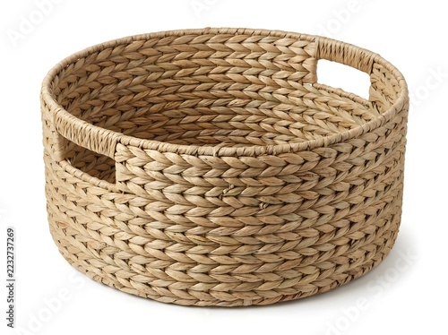 Round Natural Fiber Woven Storage Basket with Handles Isolated on White Background for Home Decor