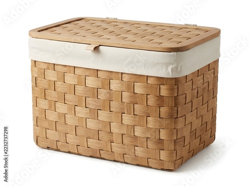 Rectangular Woven Wooden Laundry Hamper with Hinged Lid and Removable Fabric Liner Isolated on White