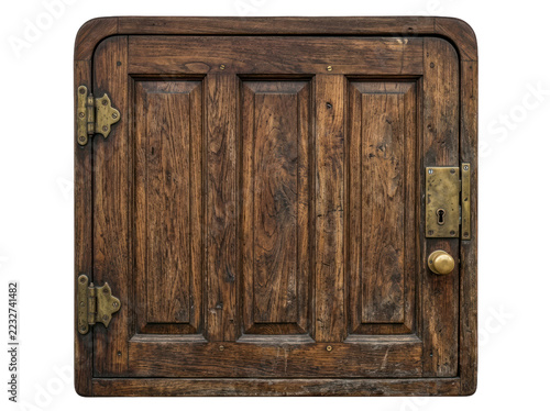 Ancient wooden cabinet door with brass fittings, isolated on transparent background