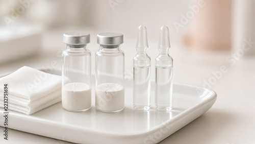 Two clear glass vials with white freeze-dried powder cake and two ampoules of clear diluent on a white ceramic tray with gauze for PDRN and exosome skincare reconstitution