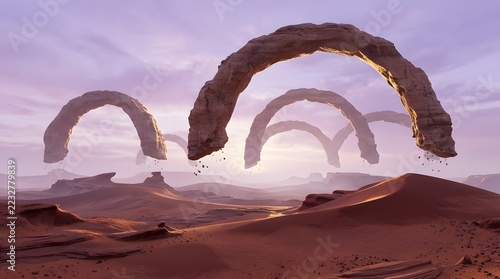 Surreal desert landscape with colossal stone arches floating