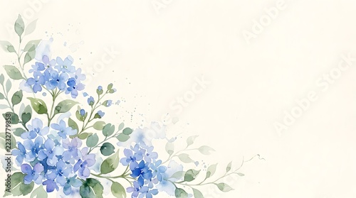 Watercolor painting of blue hydrangea flowers in corner frame