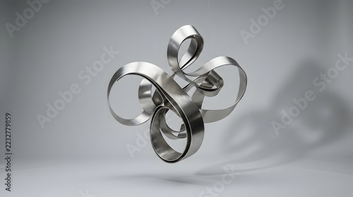 Abstract metallic ribbon sculpture floating on grey background