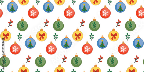 Christmas Wrapping Glass Ball Seamless Pattern. Funny Cartoon Retro Toy Element Textile Print. New Year Spruce Tree Ornament Fabric Art. Family Celebration Party Xmas Gift Wrap Paper