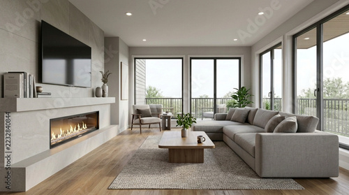Modern Living Room with Fireplace Sectional Sofa and Large Windows Bright and Inviting Home Interior